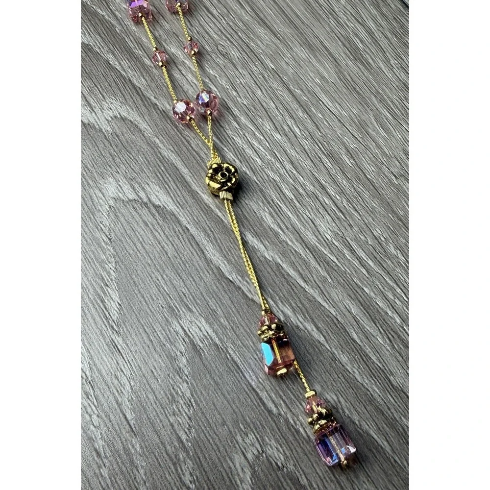 Dabby Reid Heidi Necklace Pink Swarovski Crystal Gold Plated Dbl Dangle Y New